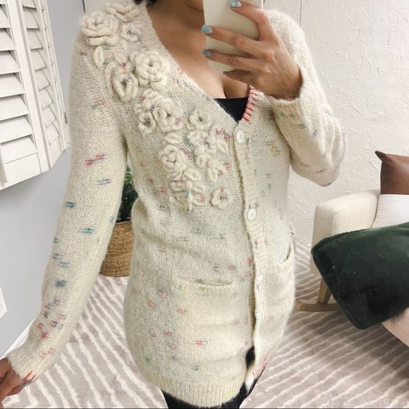 LoveShackFancy Emmanuelle Cardigan Moonrise Sweater Alpaca S Cream Long Flowers - Picture 1 of 14